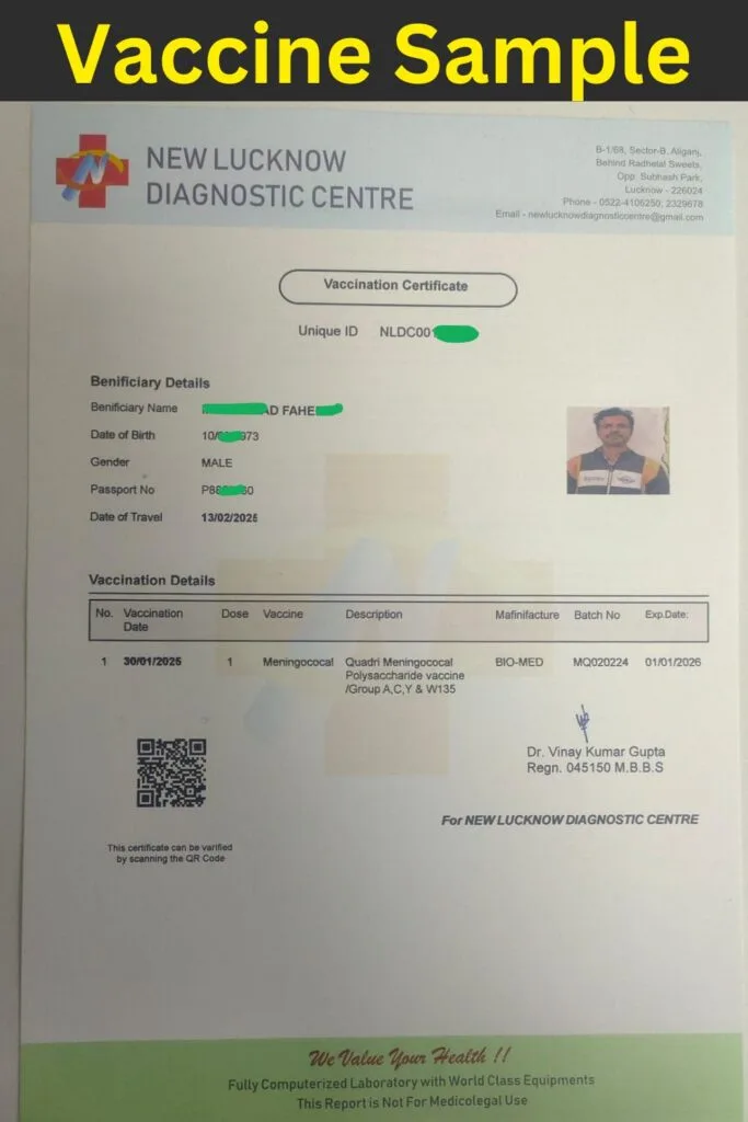 Umrah 2025 Meningitis Vaccine Certificate Sample : Mandatory 4 Umrah 2025 Meningitis Vaccine Certificate Sample