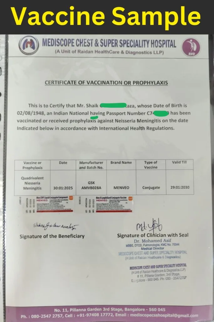 Umrah 2025 Meningitis Vaccine Certificate Sample : Mandatory 3 Umrah 2025 Meningitis Vaccine Certificate Sample