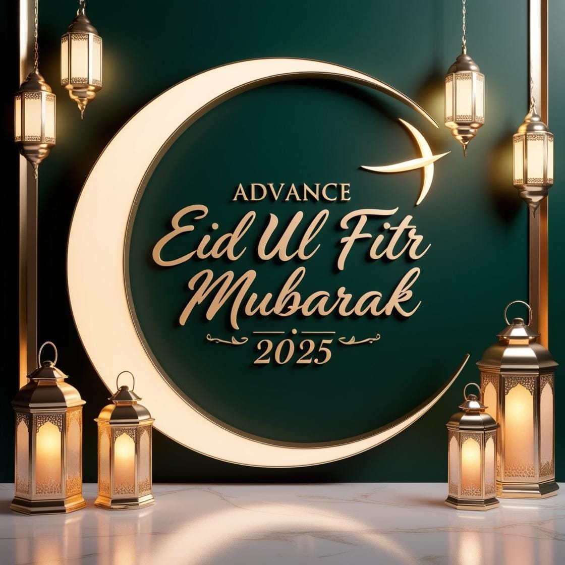 Advance Eid Ul Fitr Mubarak 2025 Images – Download Beautiful Picture (First Time In Google) 7 A clean and elegant dark green and gold background with a crescent moon and soft lantern lights. Advance Eid Ul Fitr Mubarak 2025 is displayed in a sophisticated handwritten script. 4