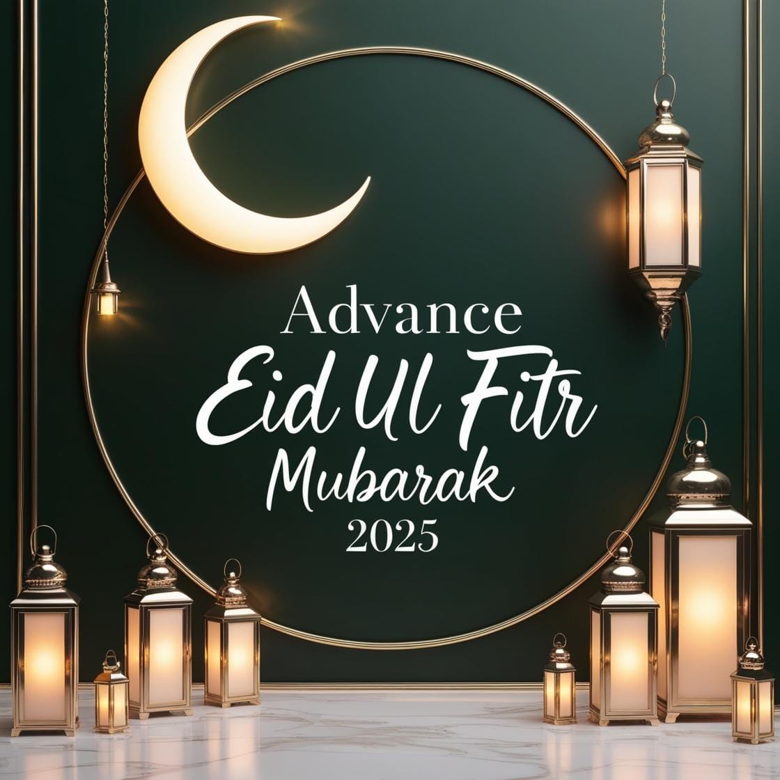 Advance Eid Ul Fitr Mubarak 2025 Images – Download Beautiful Picture (First Time In Google) 34 A clean and elegant dark green and gold background with a crescent moon and soft lantern lights. Advance Eid Ul Fitr Mubarak 2025 is displayed in a sophisticated handwritten script. 5