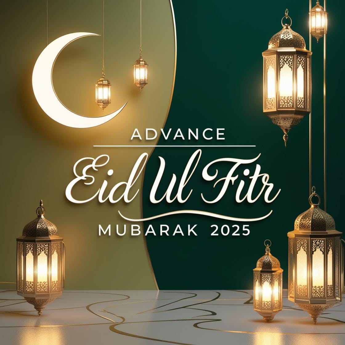 Advance Eid Ul Fitr Mubarak 2025 Images – Download Beautiful Picture (First Time In Google) 24 A clean and elegant green and gold background with a crescent moon and soft lantern lights. Advance Eid Ul Fitr Mubarak 2025 is displayed in a sophisticated handwritten script. 1