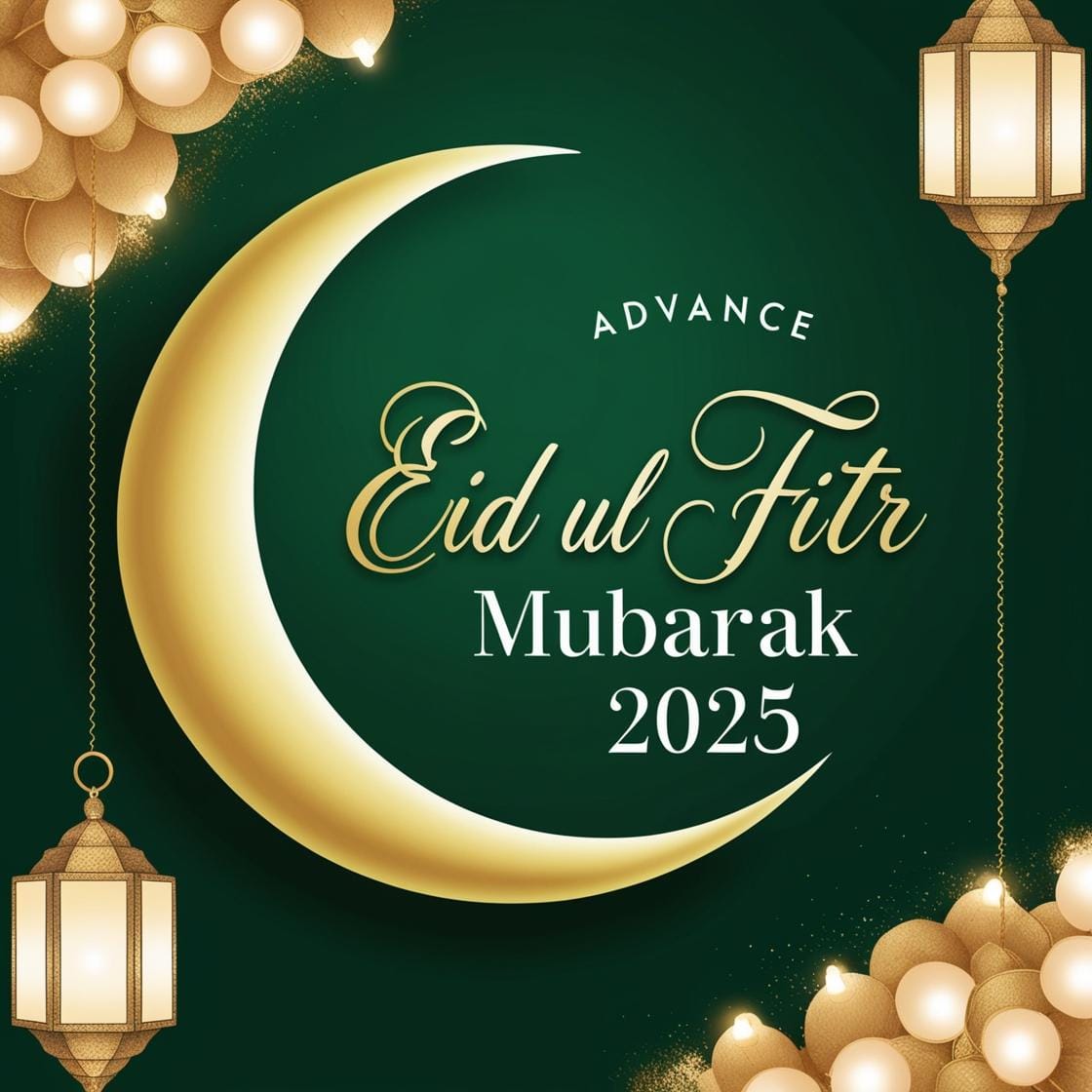 Advance Eid Ul Fitr Mubarak 2025 Images – Download Beautiful Picture (First Time In Google) 16 A clean and elegant green and gold background with a crescent moon and soft lantern lights. Advance Eid Ul Fitr Mubarak 2025 is displayed in a sophisticated handwritten script. 8