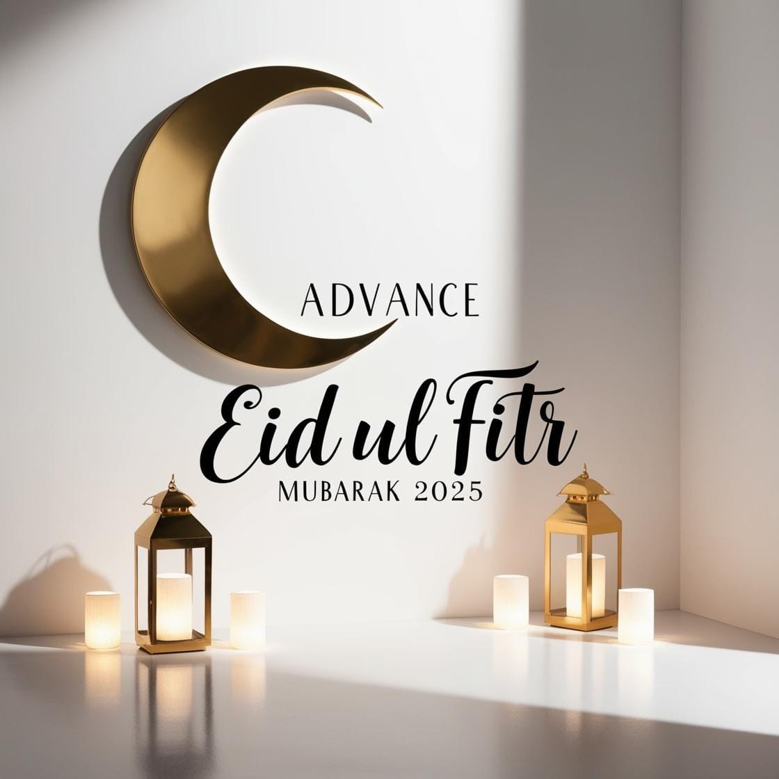 Advance Eid Ul Fitr Mubarak 2025 Images – Download Beautiful Picture (First Time In Google) 18 A clean and elegant white and gold background with a crescent moon and soft lantern lights. Advance Eid Ul Fitr Mubarak 2025 is displayed in a sophisticated handwritten script. 1