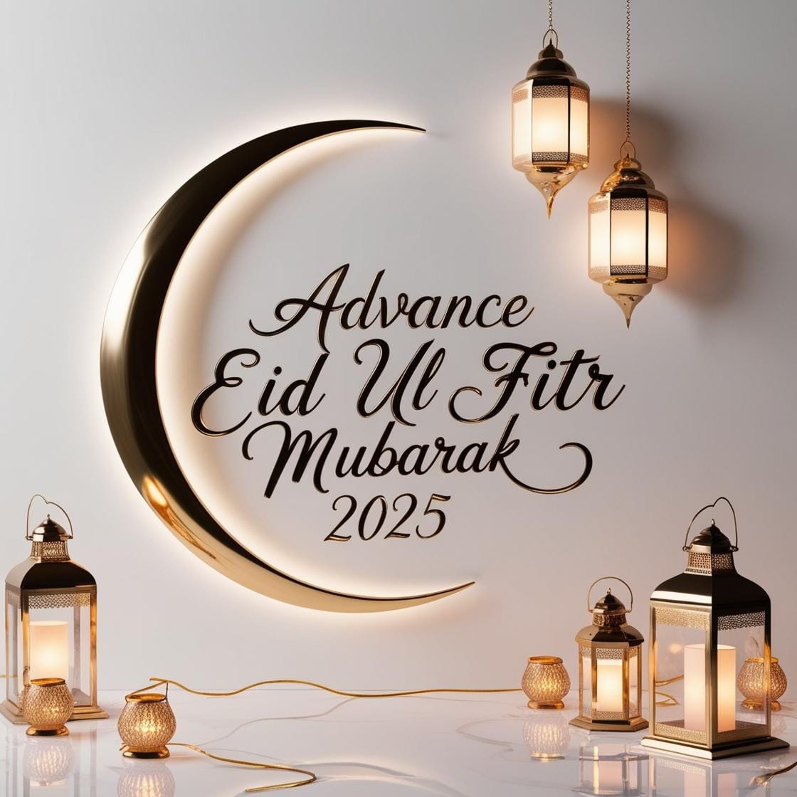 Advance Eid Ul Fitr Mubarak 2025 Images – Download Beautiful Picture (First Time In Google) 17 A clean and elegant white and gold background with a crescent moon and soft lantern lights. Advance Eid Ul Fitr Mubarak 2025 is displayed in a sophisticated handwritten script. 27