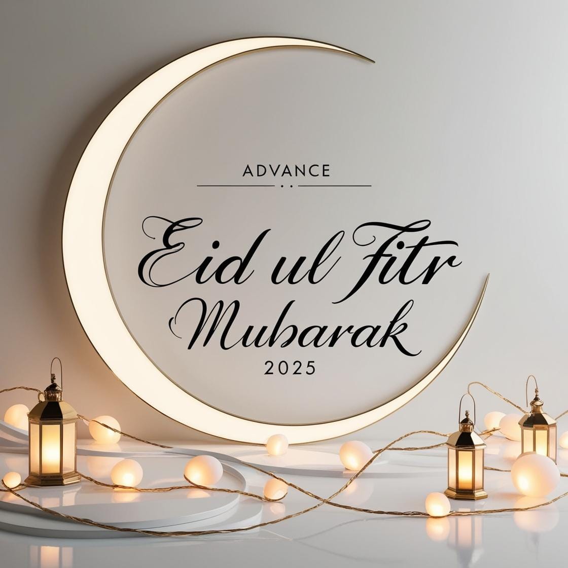 Advance Eid Ul Fitr Mubarak 2025 Images – Download Beautiful Picture (First Time In Google) 39 A clean and elegant white and gold background with a crescent moon and soft lantern lights. Advance Eid Ul Fitr Mubarak 2025 is displayed in a sophisticated handwritten script. 4