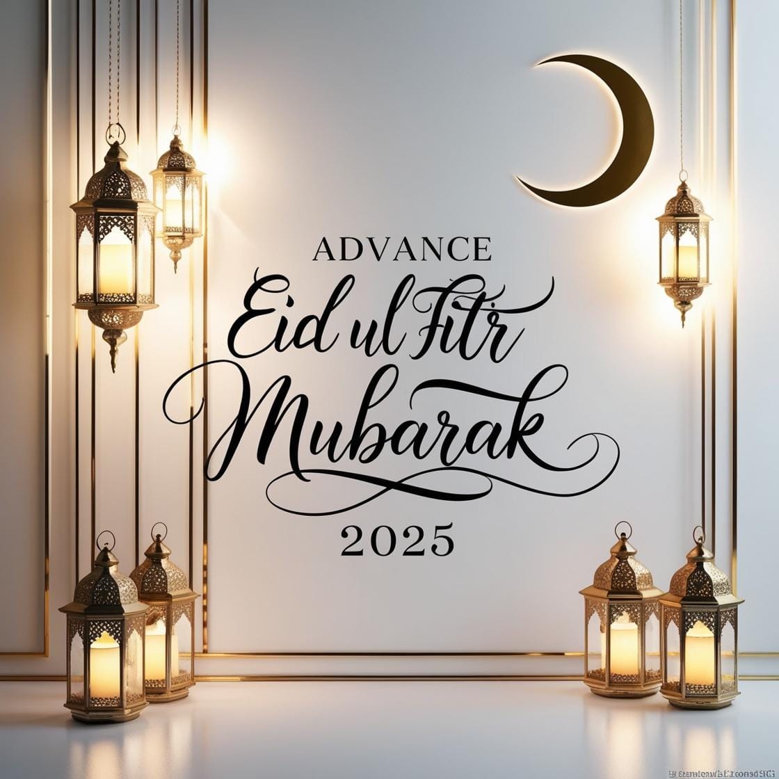 Advance Eid Ul Fitr Mubarak 2025 Images – Download Beautiful Picture (First Time In Google) 29 A clean and elegant white and gold background with a crescent moon and soft lantern lights. Advance Eid Ul Fitr Mubarak 2025 is displayed in a sophisticated handwritten script. 9