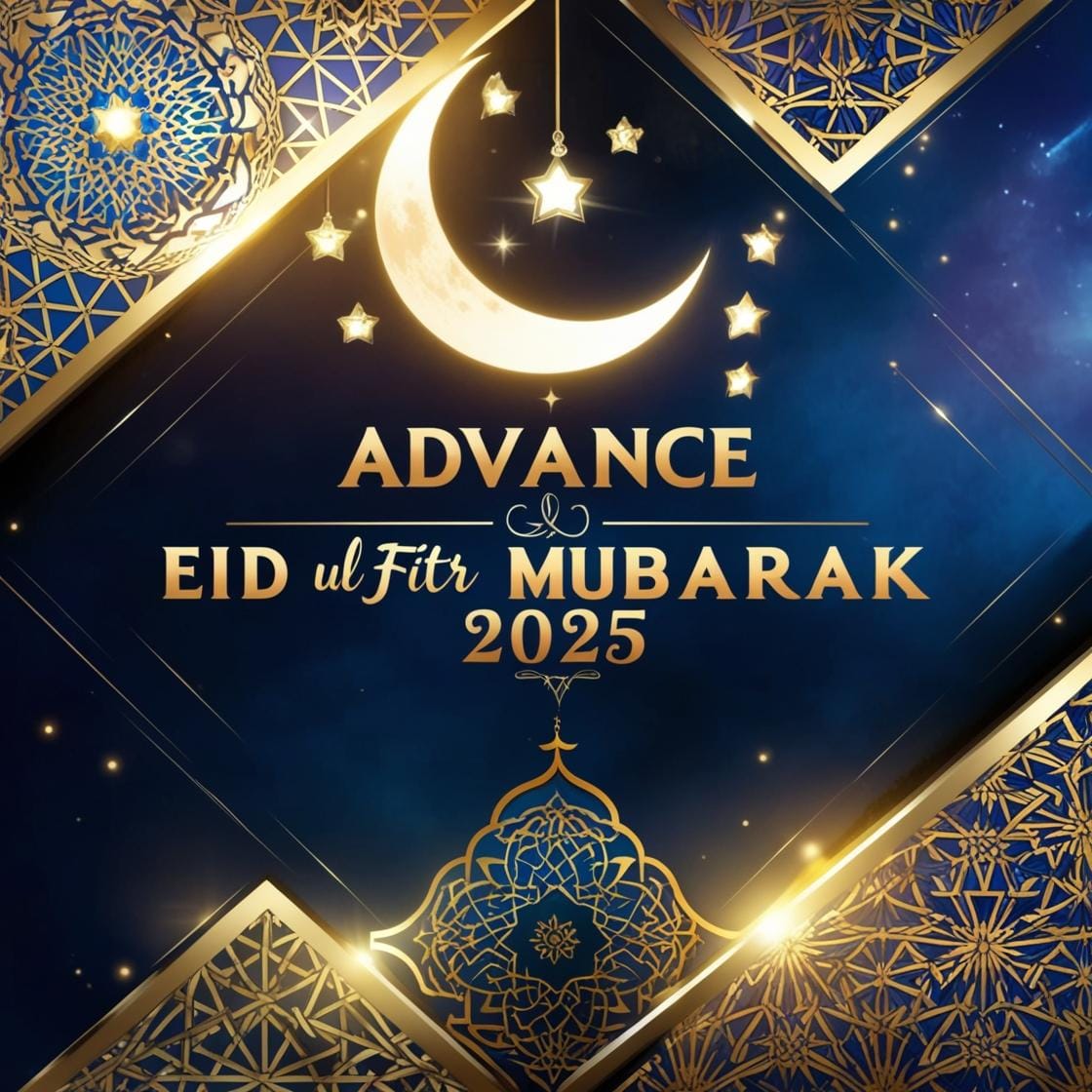 Advance Eid Ul Fitr Mubarak 2025 Images – Download Beautiful Picture (First Time In Google) 23 A deep blue and gold background featuring intricate Islamic geometric patterns. A crescent moon and stars shine above with Advance Eid Ul Fitr Mubarak 2025 beautifully placed in the center. 1