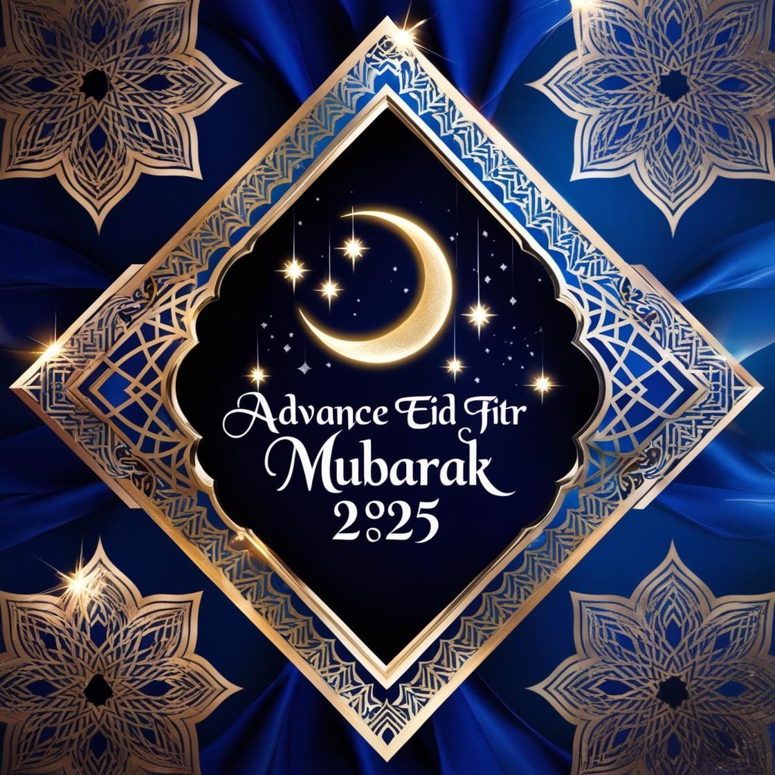 Advance Eid Ul Fitr Mubarak 2025 Images – Download Beautiful Picture (First Time In Google) 14 A deep blue and gold background featuring intricate Islamic geometric patterns. A crescent moon and stars shine above with Advance Eid Ul Fitr Mubarak 2025 beautifully placed in the center. 2