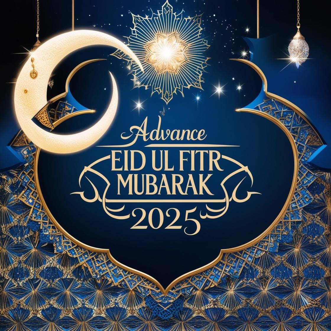 Advance Eid Ul Fitr Mubarak 2025 Images – Download Beautiful Picture (First Time In Google) 38 A deep blue and gold background featuring intricate Islamic geometric patterns. A crescent moon and stars shine above with Advance Eid Ul Fitr Mubarak 2025 beautifully placed in the center. 3