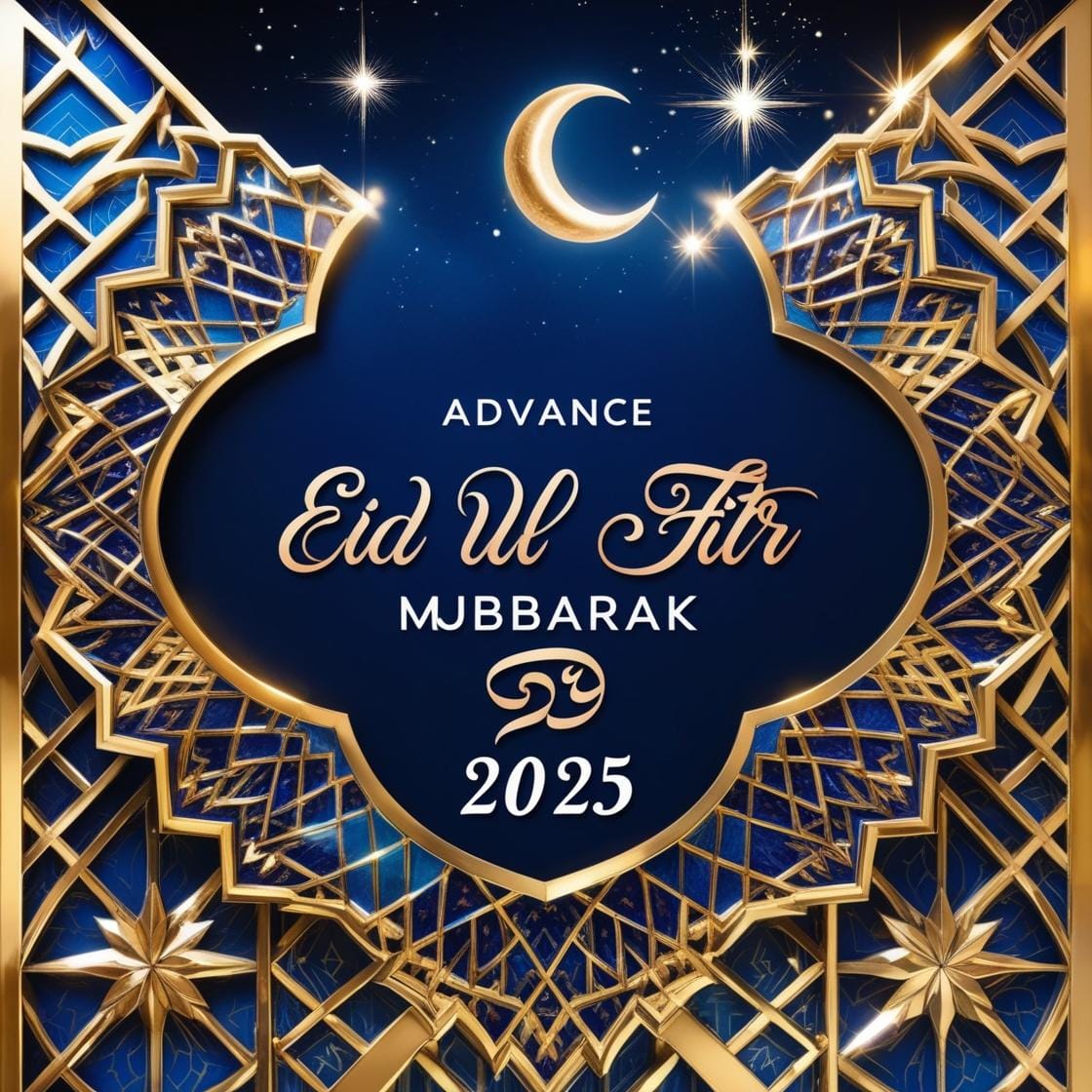 Advance Eid Ul Fitr Mubarak 2025 Images – Download Beautiful Picture (First Time In Google) 13 A deep blue and gold background featuring intricate Islamic geometric patterns. A crescent moon and stars shine above with Advance Eid Ul Fitr Mubarak 2025 beautifully placed in the center. 4