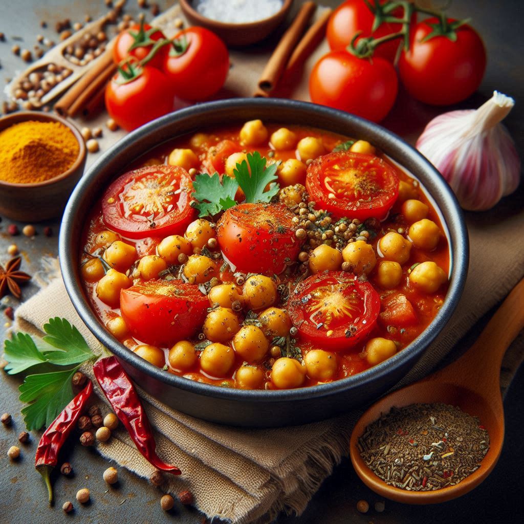 A spiced stew with canned chickpeas and fresh tomatoes seasoned with cumin coriander and turmeric suitable for a healthy and budget friendly Iftar meal