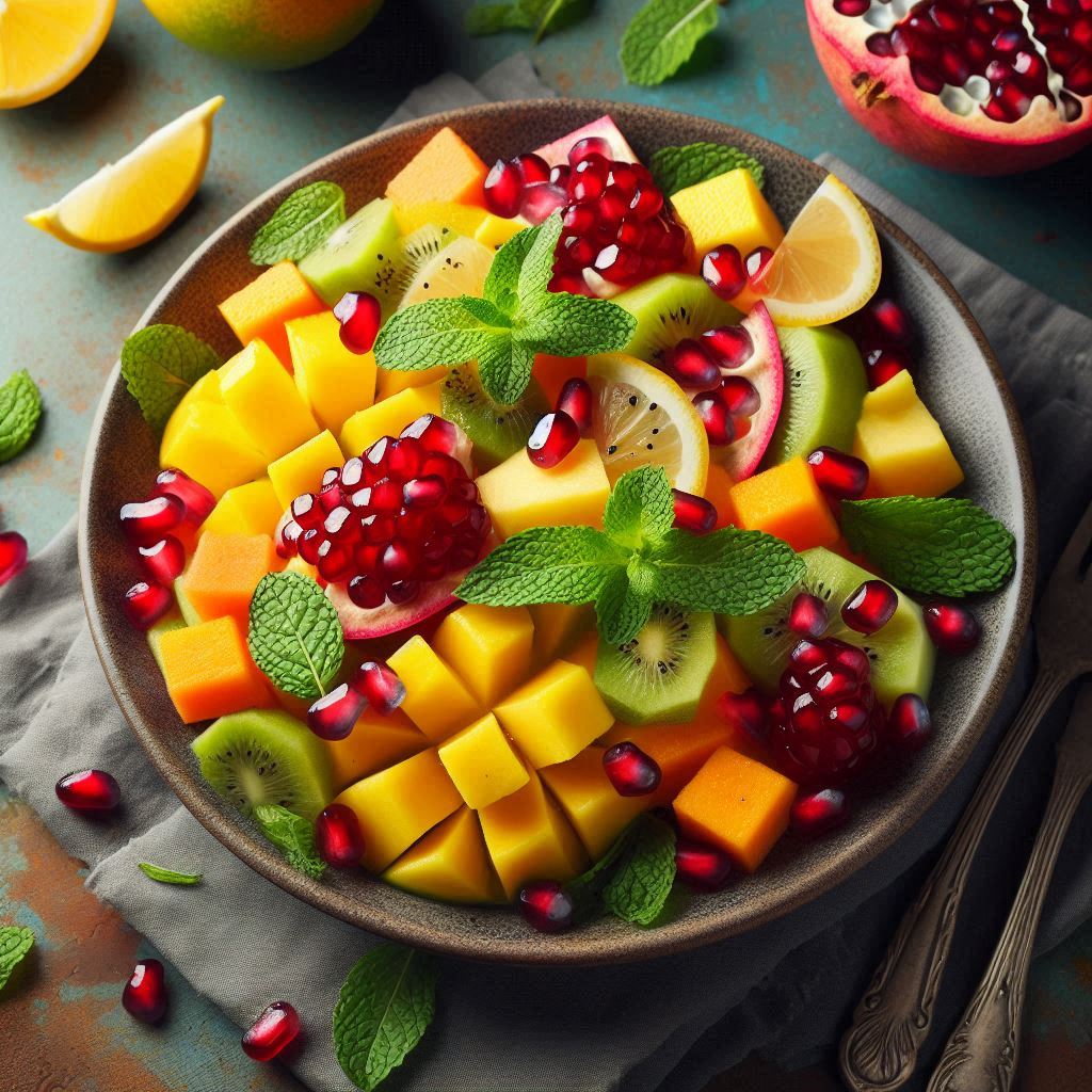 A vibrant fruit salad with mango pomegranate and guava tossed with fresh mint and a squeeze of lemon