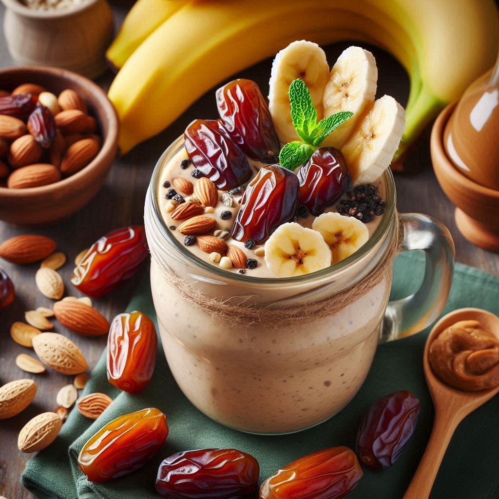 An energy boosting smoothie with dates banana nut butter and milk