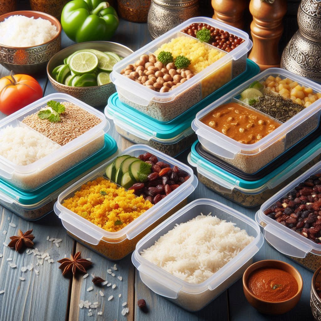 Batch cooking during Ramadan with staples like rice quinoa or dal stored in airtight containers