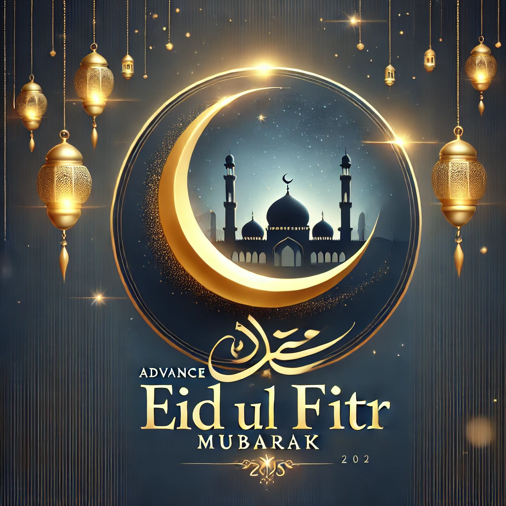 Advance Eid Ul Fitr Mubarak 2025 Images – Download Beautiful Picture (First Time In Google) 94 DALL·E 2025 03 27 06.26.47 A sophisticated and clean Eid greeting card with a deep blue and gold theme. The background features a soft glowing crescent moon elegant hanging lan