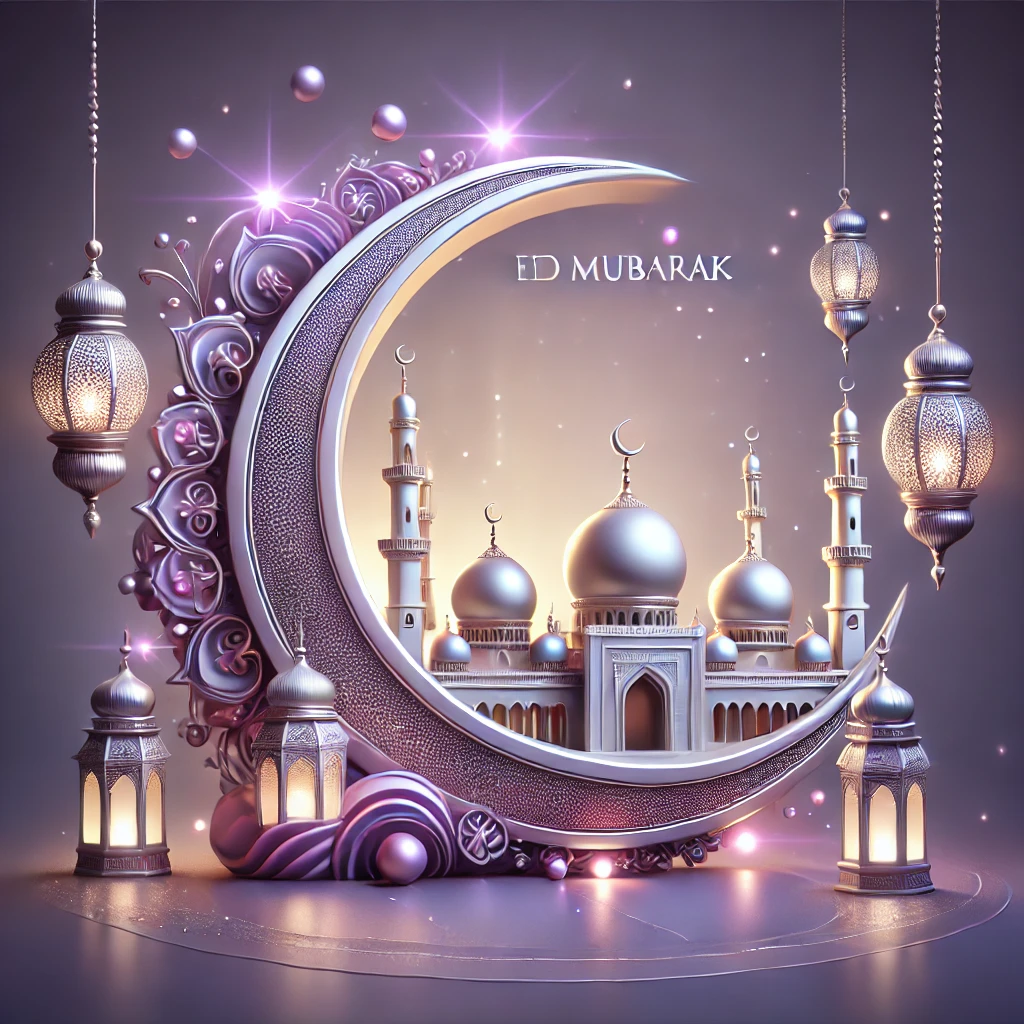 Advance Eid Ul Fitr Mubarak 2025 Images – Download Beautiful Picture (First Time In Google) 107 DALL·E 2025 03 27 06.32.21 A beautiful 3D Islamic Eid Mubarak greeting card with a royal purple and silver theme. The design features a glowing silver crescent moon elegant sil