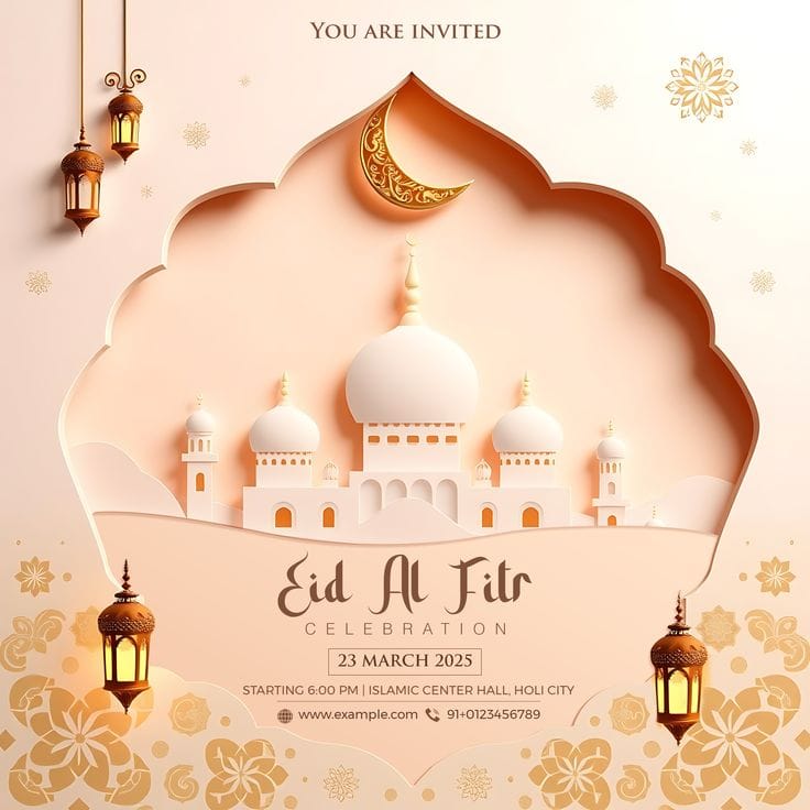 2025 Eid ul Fitr Date in India : When Will Eid Be Celebrated? 6 Elegant Eid al Fitr Celebration Party Invitation Template Design