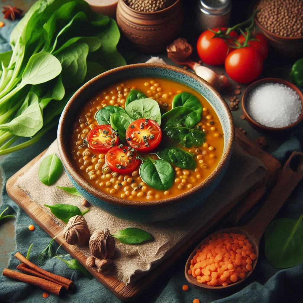 Lentil soup with fresh greens and tomatoes