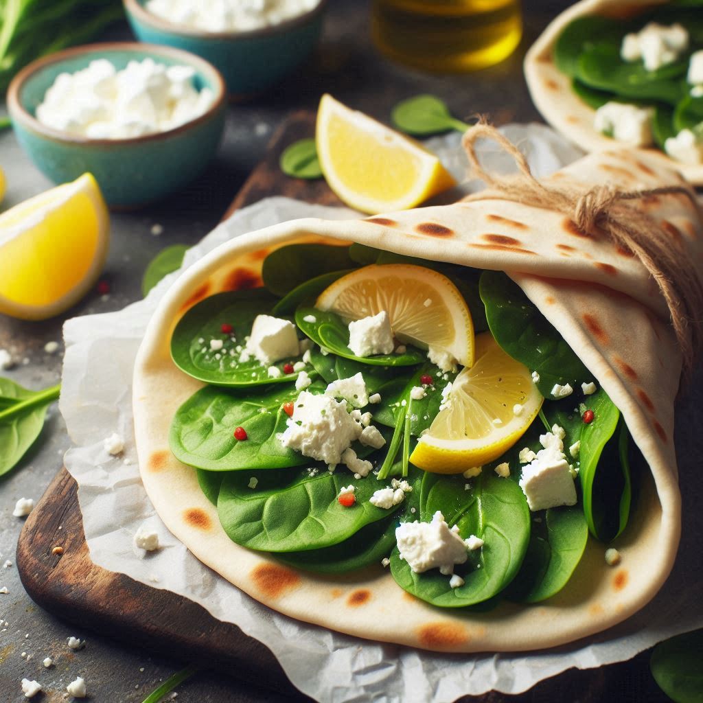 Pita pockets filled with fresh spinach crumbled feta and a light lemon dressing