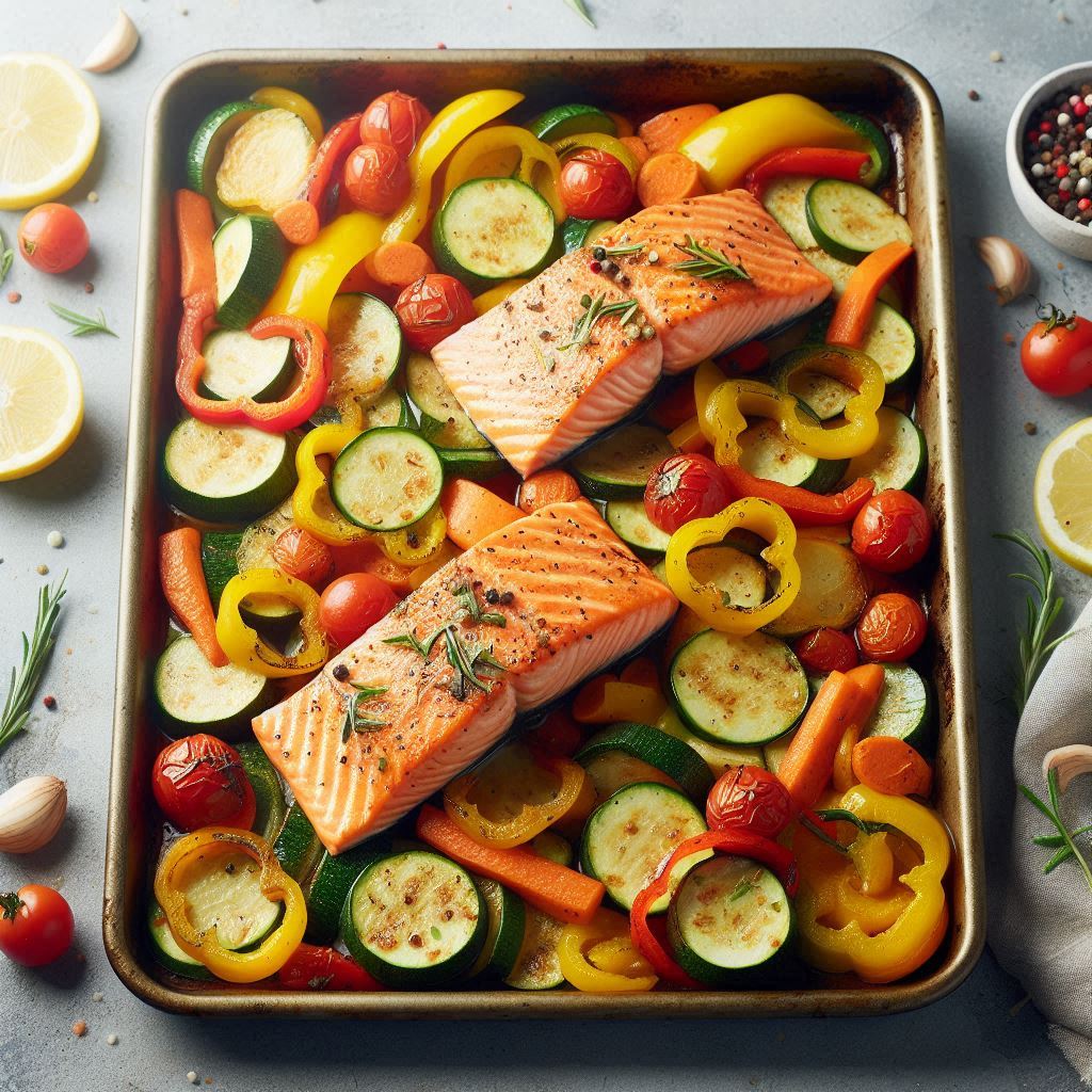 sheet pan salmon dish with bell peppers zucchini and carrots